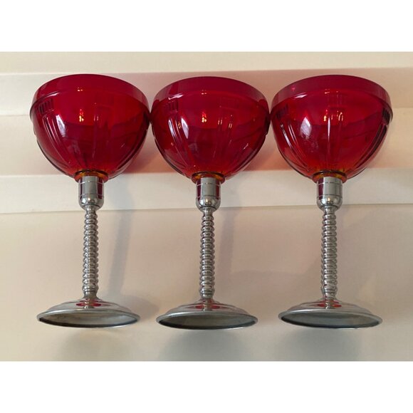 3 Vintage Ruby Red Glass Wine Goblet Glass Chrome Stem Replacement - Picture 9 of 9